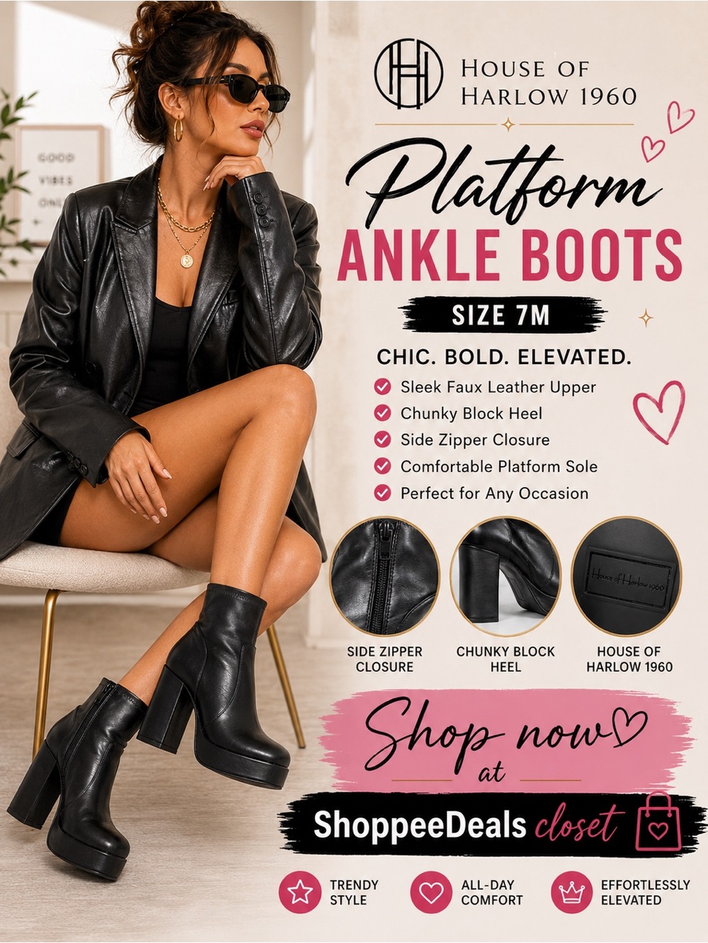 House of Harlow 1960 Black Platform Ankle Boots – Size 7M